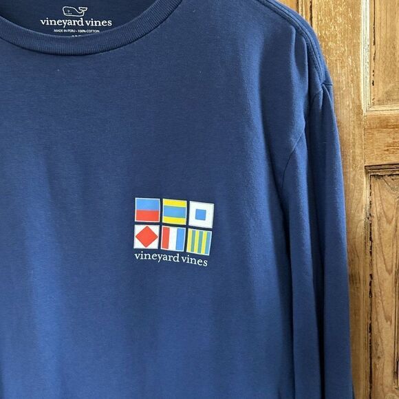 Vineyard Vines Shirt XS Navy Flags Men’s Long Sleeve Collar Prep Nautical - Flaw - Picture 6 of 13